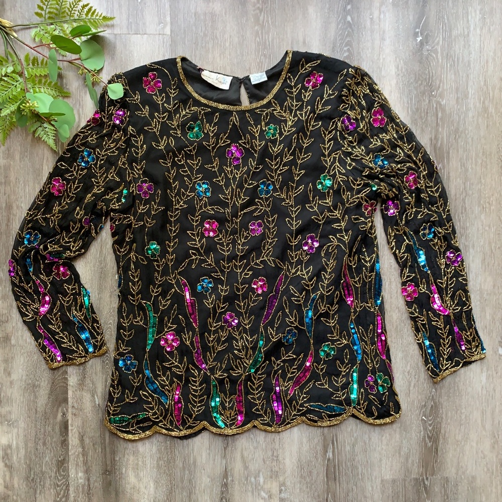 Laurence Kazar NY VNTG Long-Sleeve Beaded Blouse